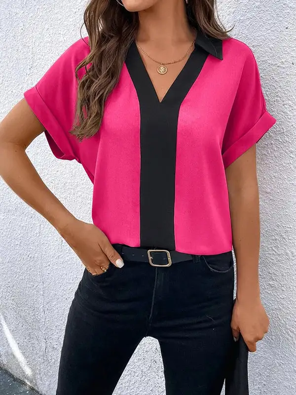 Relaxed Short Sleeve Contrast V-Neck T-Shirt