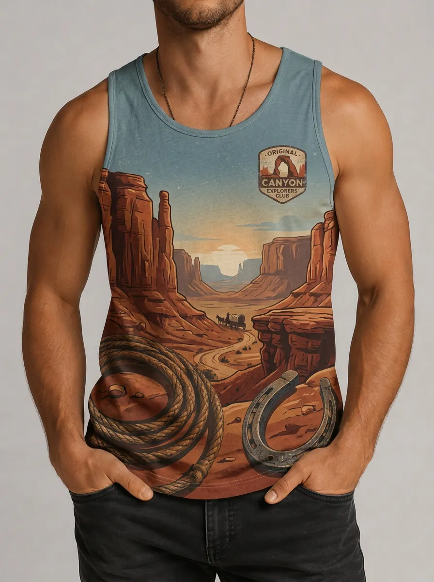 Men's Western Canyon Explorer Lasso Horseshoe Printed Tank Top