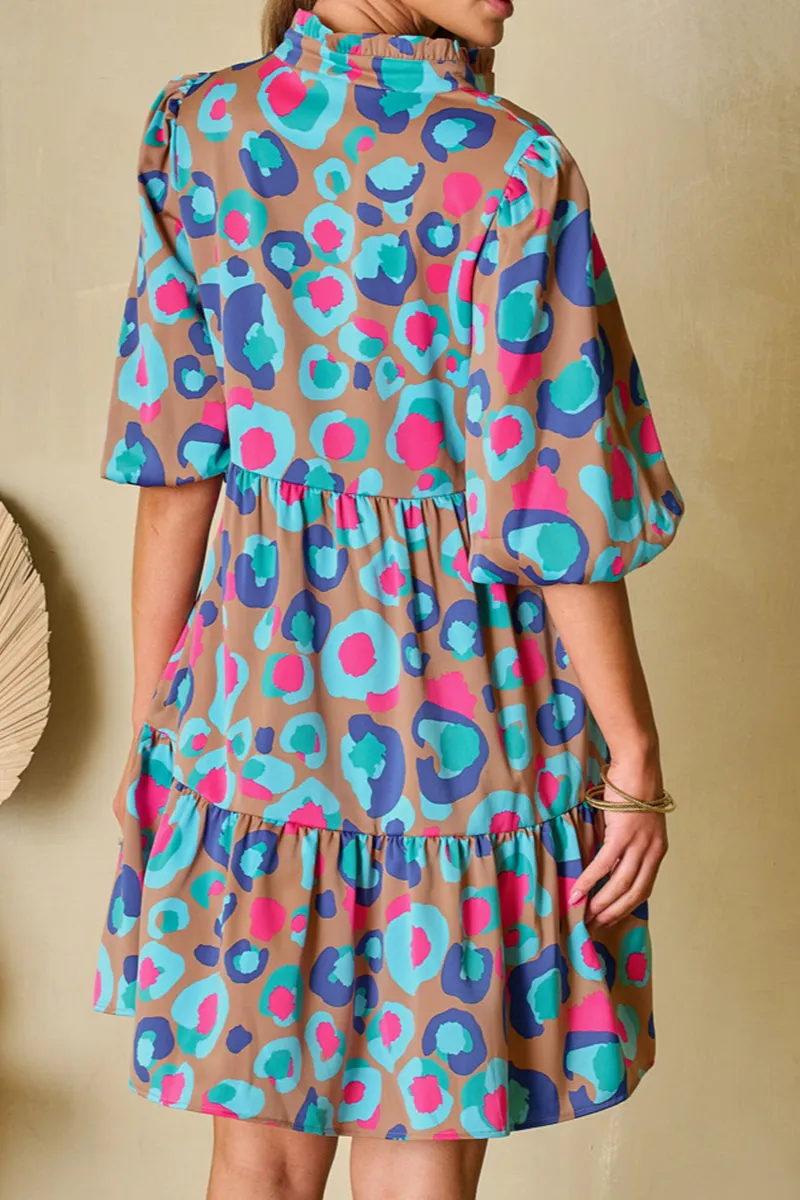 Relaxed Animal Print Ruffle Trim Mini Dress