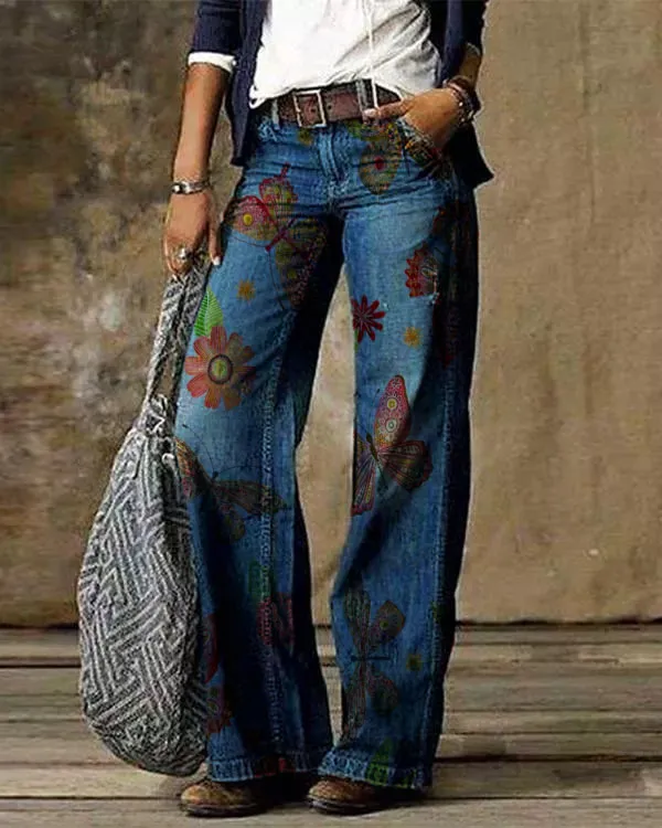 Casual Vintage Butterfly Floral Print Pants