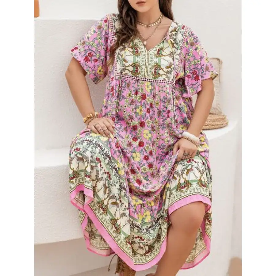 Relaxed Plus Size Floral Tie Neck Flutter Sleeve Maxi Dress