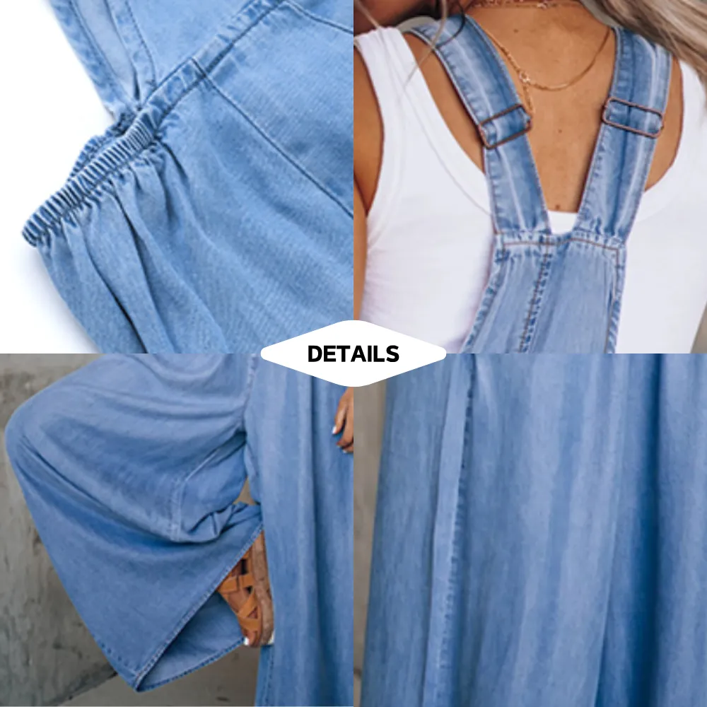 Women's Denim-Effect Print Plicated Wide Leg Overalls Jumpsuit