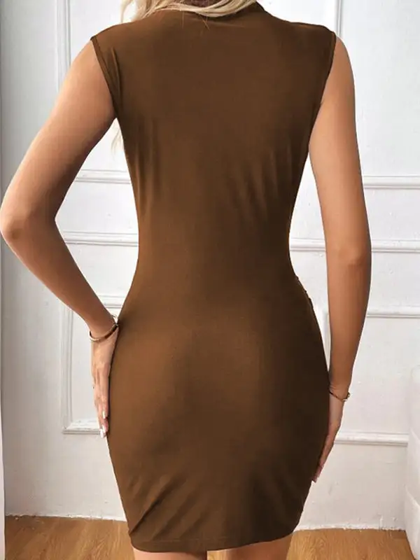 Bodycon Sleeveless Pleated Solid Color Mock Neck Mini Dress