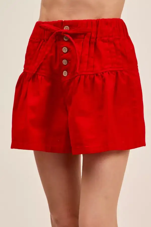 Solid Twill Denim Pintucked Buttoned Shorts with Waist Tie