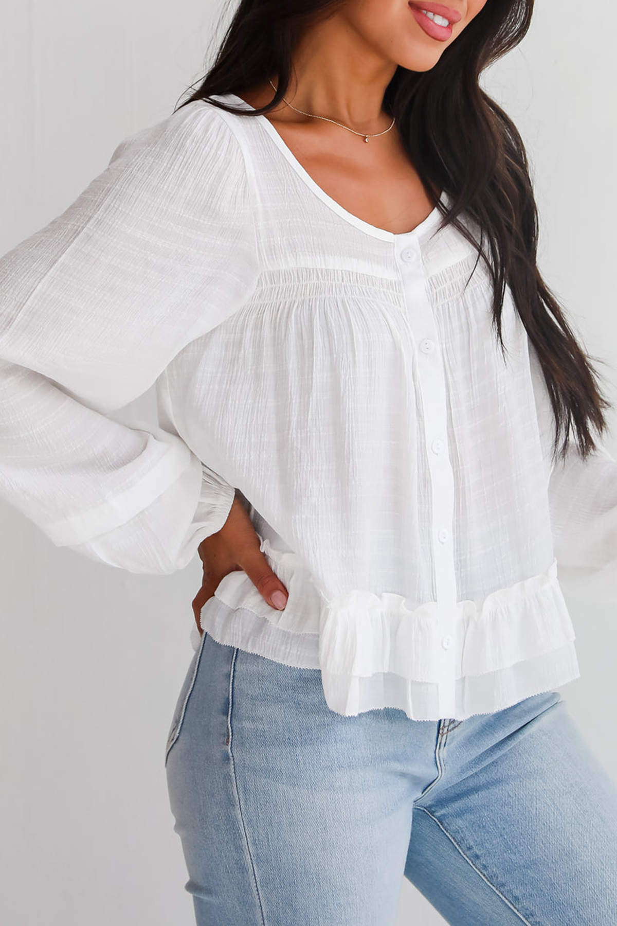 Composed Personality White Ruffle Blouse