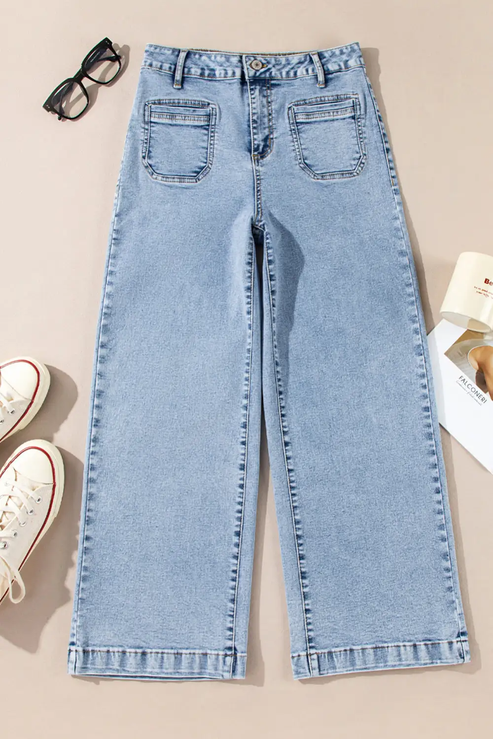 Chic Patch Pocket Straight Leg Loose Jeans