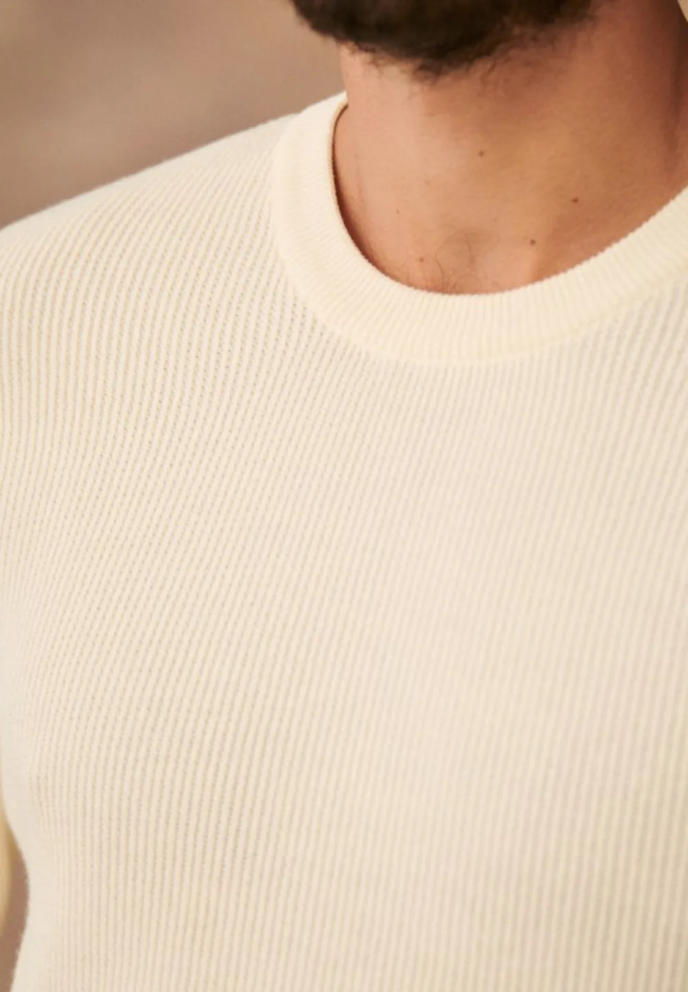 Cream Ribbed Knit Crew Neck Casual Sweater