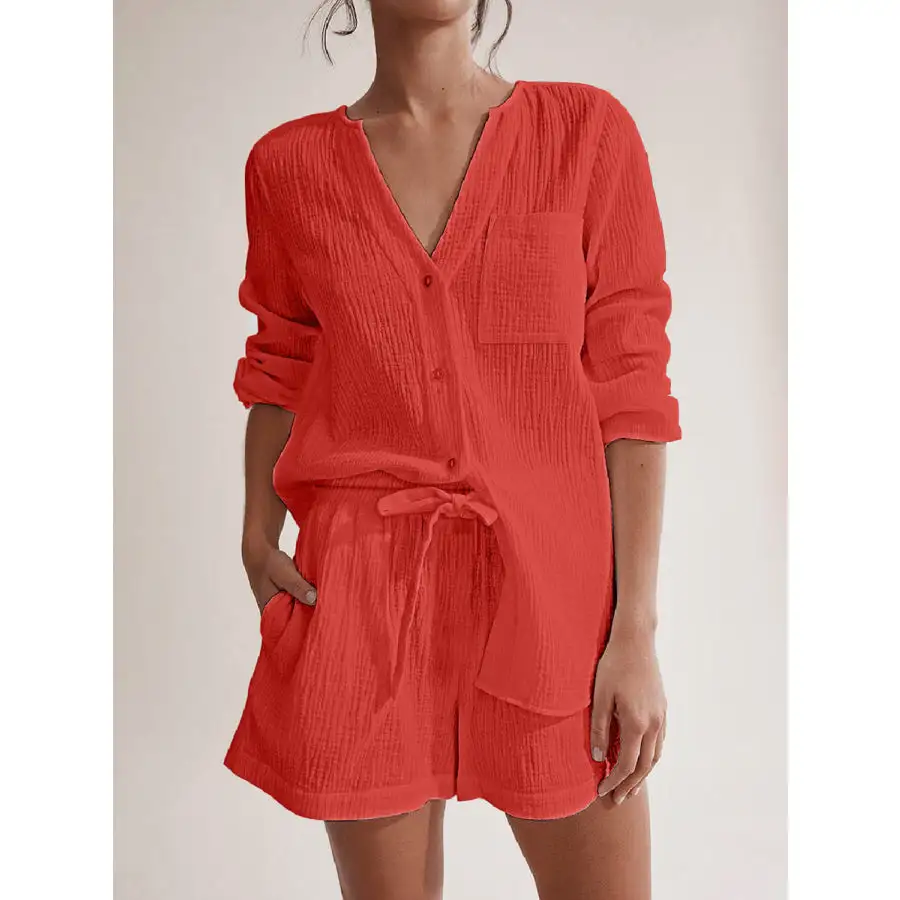 Relaxed Notched Long Sleeve Top and Shorts Set