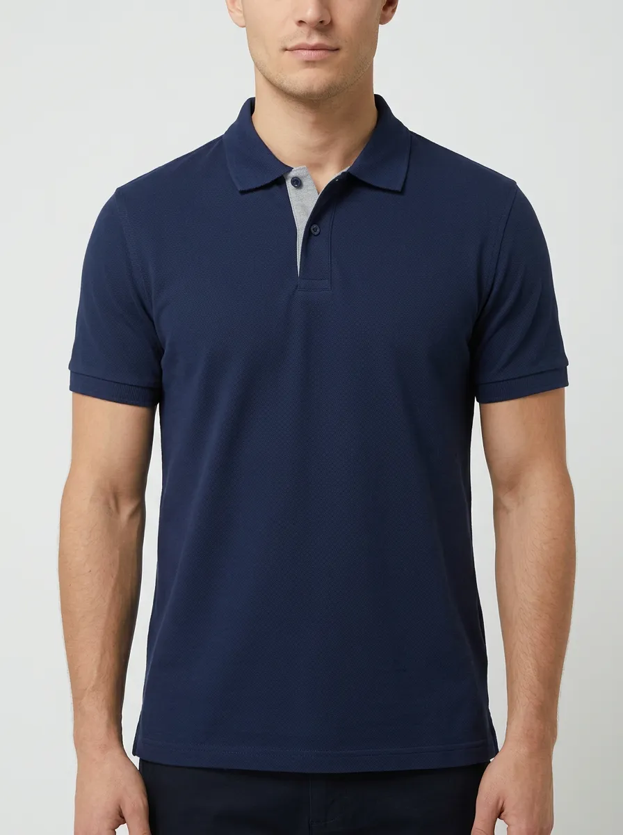 Men's Ribbed Textured Contrast-Placket Polo Shirt