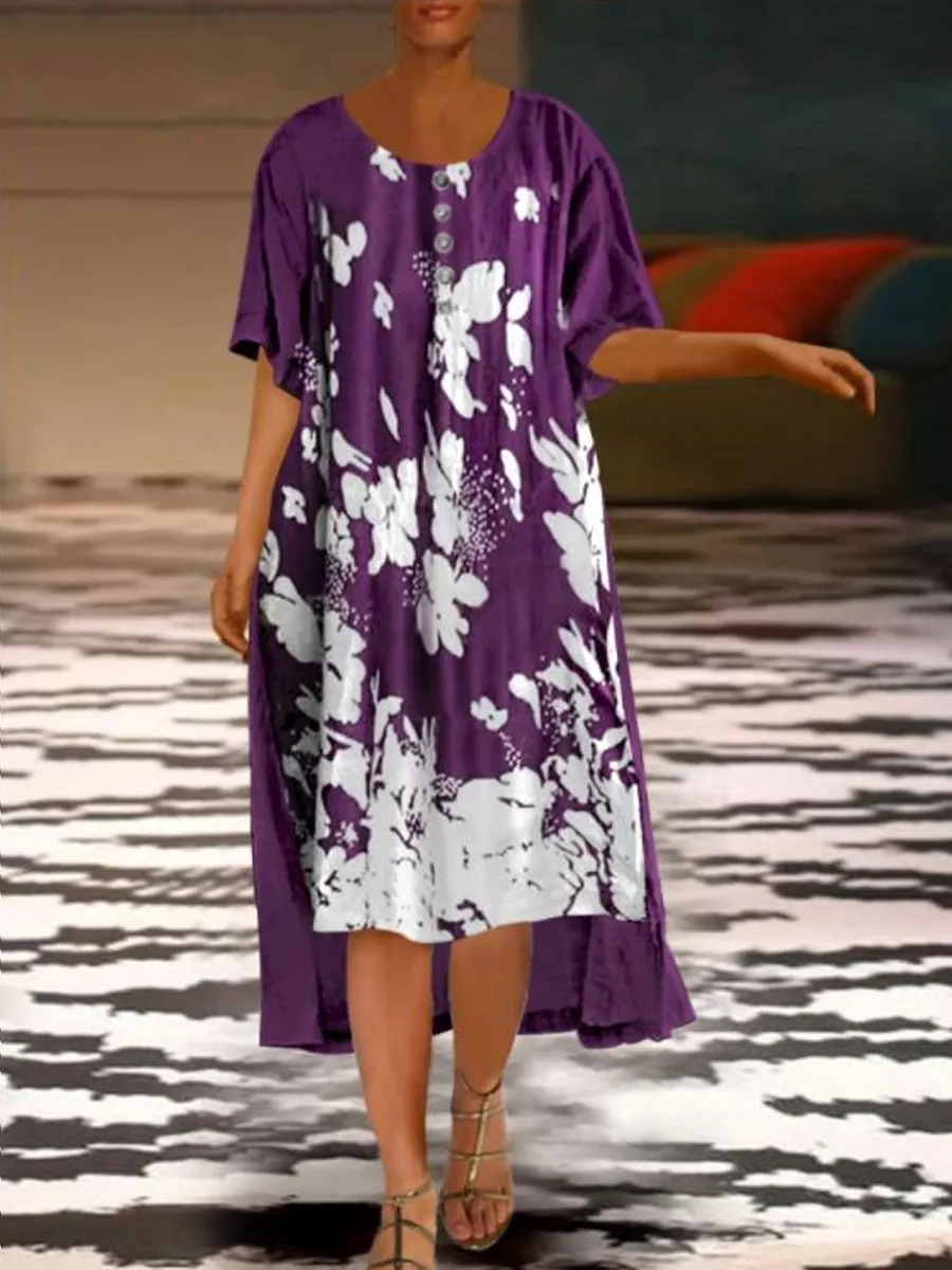 Fashion Print Short Sleeve Irregular Long Dress