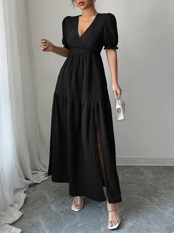 Front Pleated Neck Maxi Dress