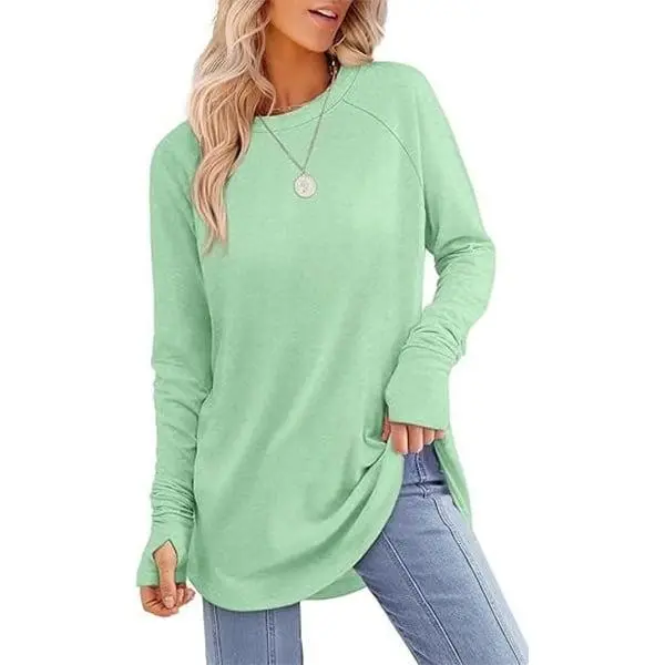 Womens Tunic Tops to Wear with Leggings Long Sleeve Thumb Hole Shirts Crew Neck Curved Hem