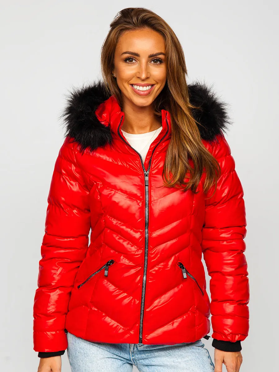 women's red quilted winter jacket with hood