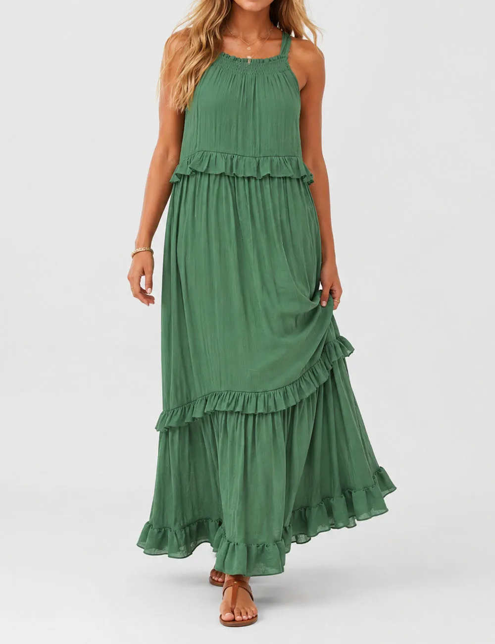 Boho Ruffle Tiered Hem Sleeveless Solid Color Maxi Dress