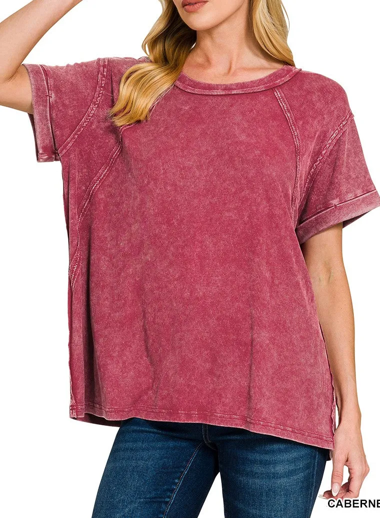 Vintage Wash Ribbed Raglan Short Sleeve Top With Rolled Cuffs