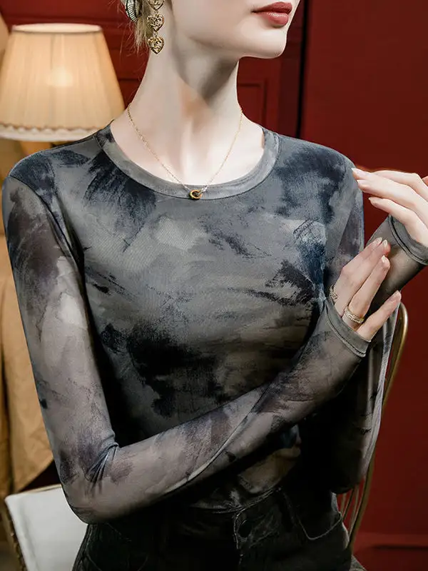 Long Sleeve Curve Fit Panel Detail Tie Dyed Round Neck T-Shirt