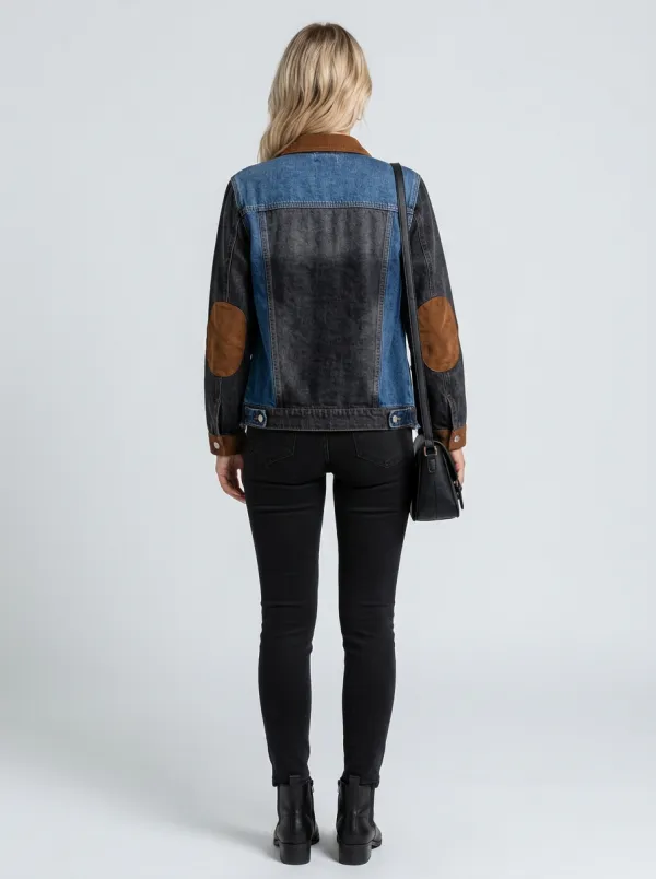 Women's Colorblock Patchwork Denim Corduroy Trim Jacket