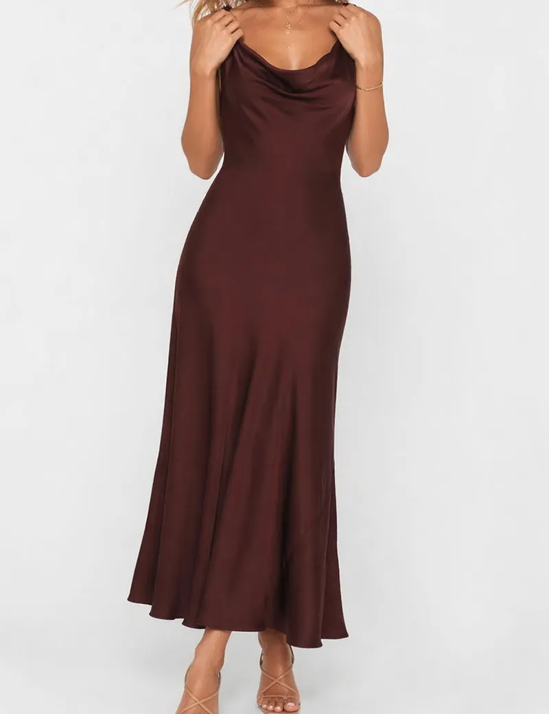 Chic Satin Cowl Neck Sleeveless Back Midi Dress