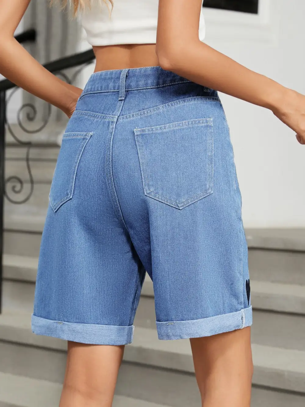 Heart-Pattern Rolled Hem Denim Shorts