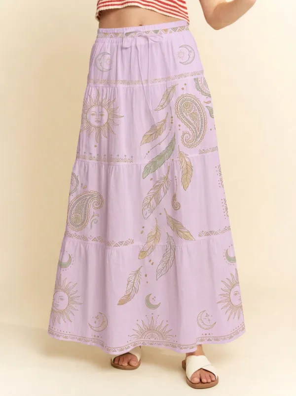 Women's Boho Celestial Sun Moon Feather Paisley Printed Maxi Skirt