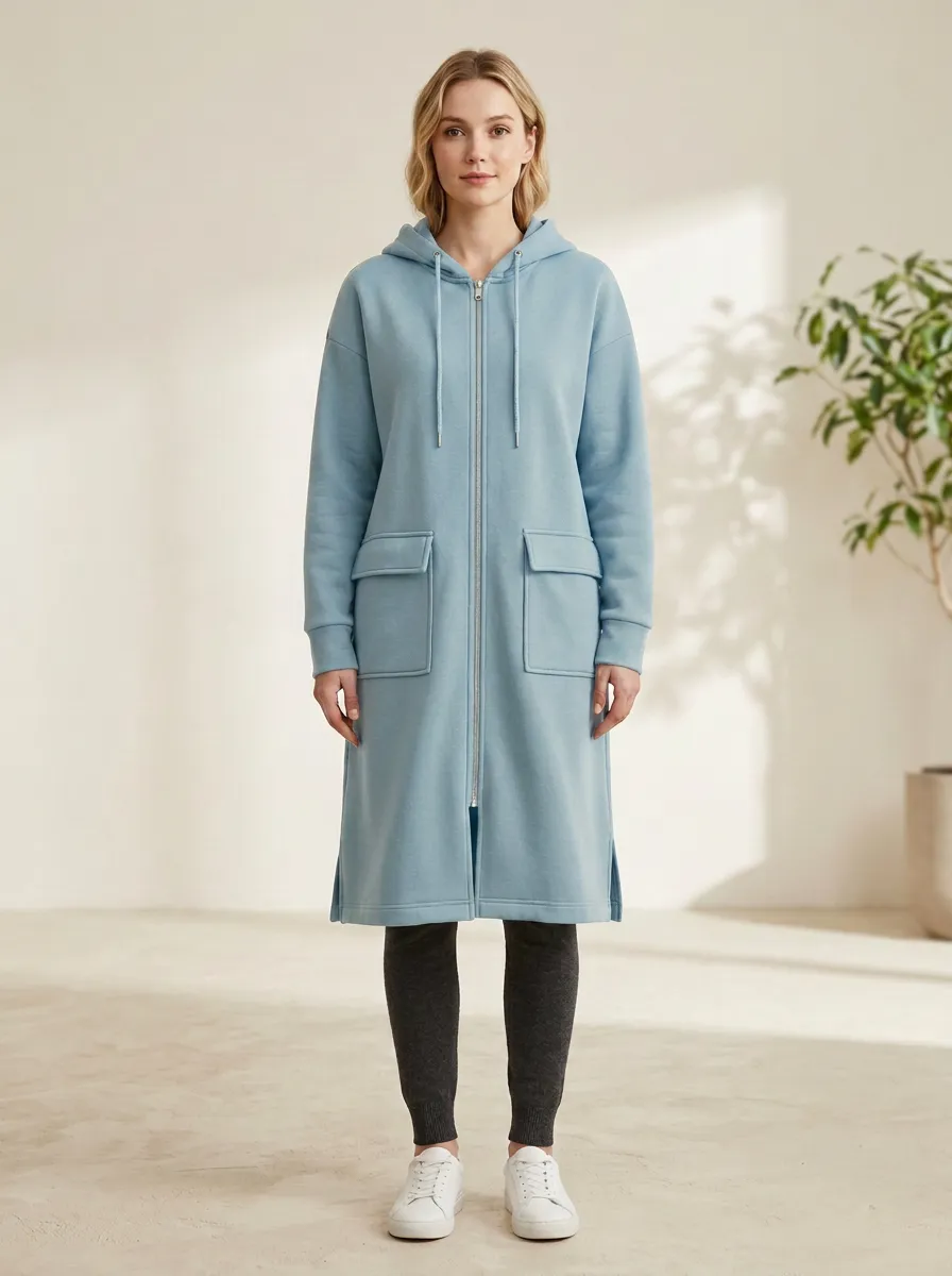 Functional Zip-Up Long Hooded Coat