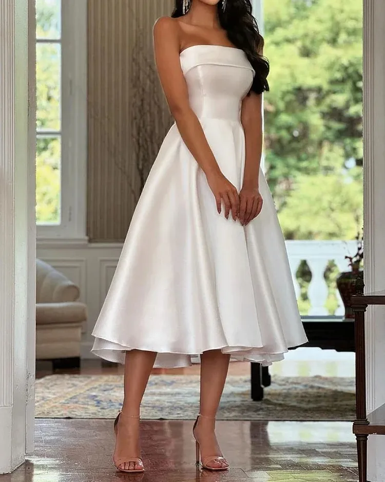 Elegant Strapless Solid Midi Dress