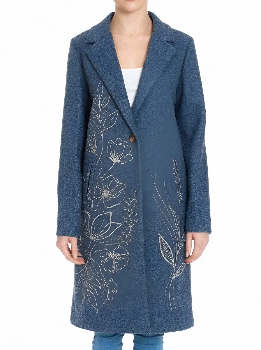 Women's Floral Art Lover Botanical Line Printed Wool Coat