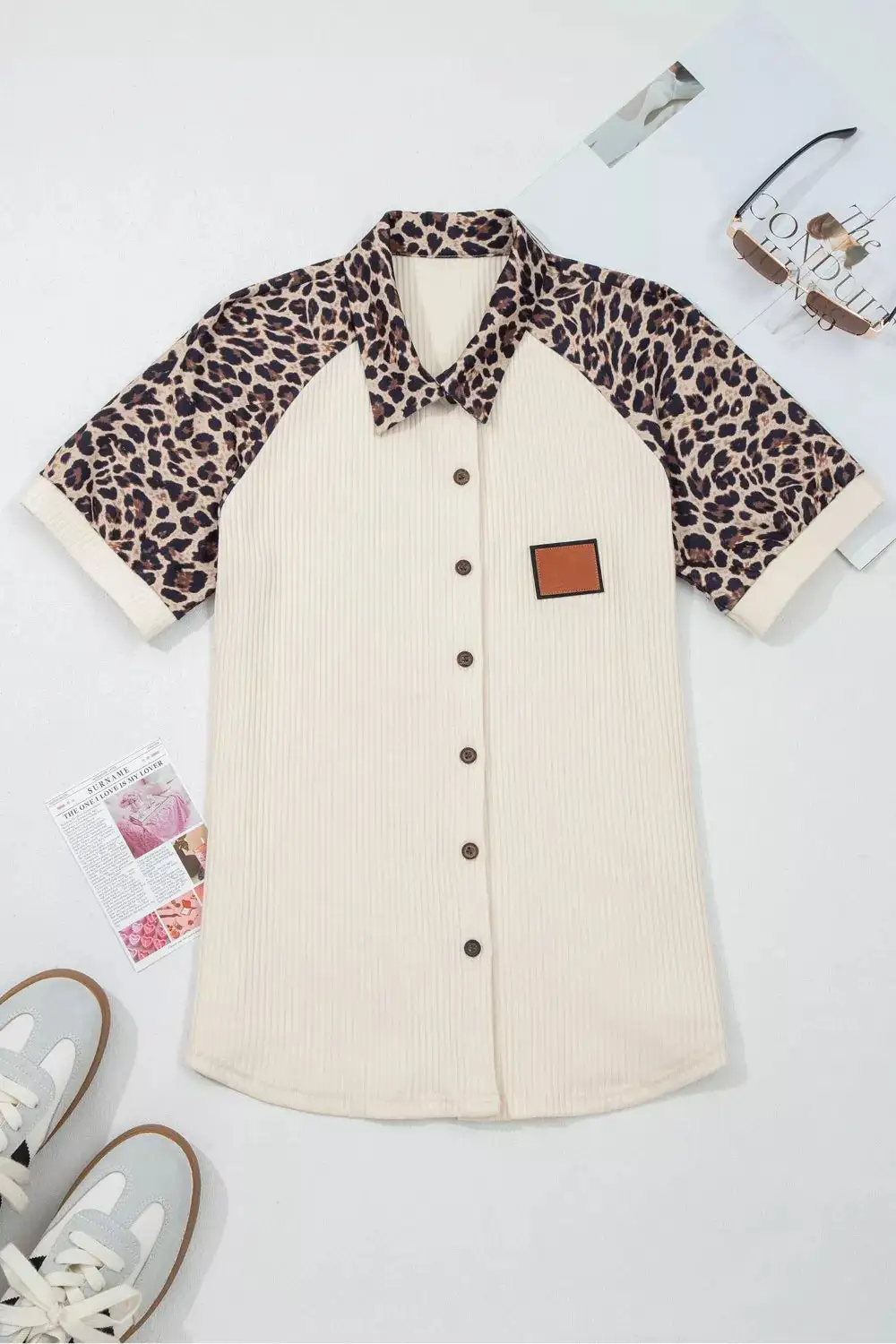 Ribbed Texture Button Down Leopard Patchwork Short Sleeve Shirt