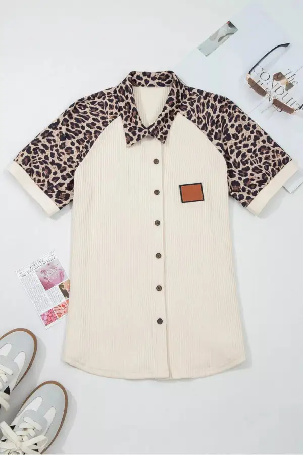 Ribbed Texture Button Down Leopard Patchwork Short Sleeve Shirt