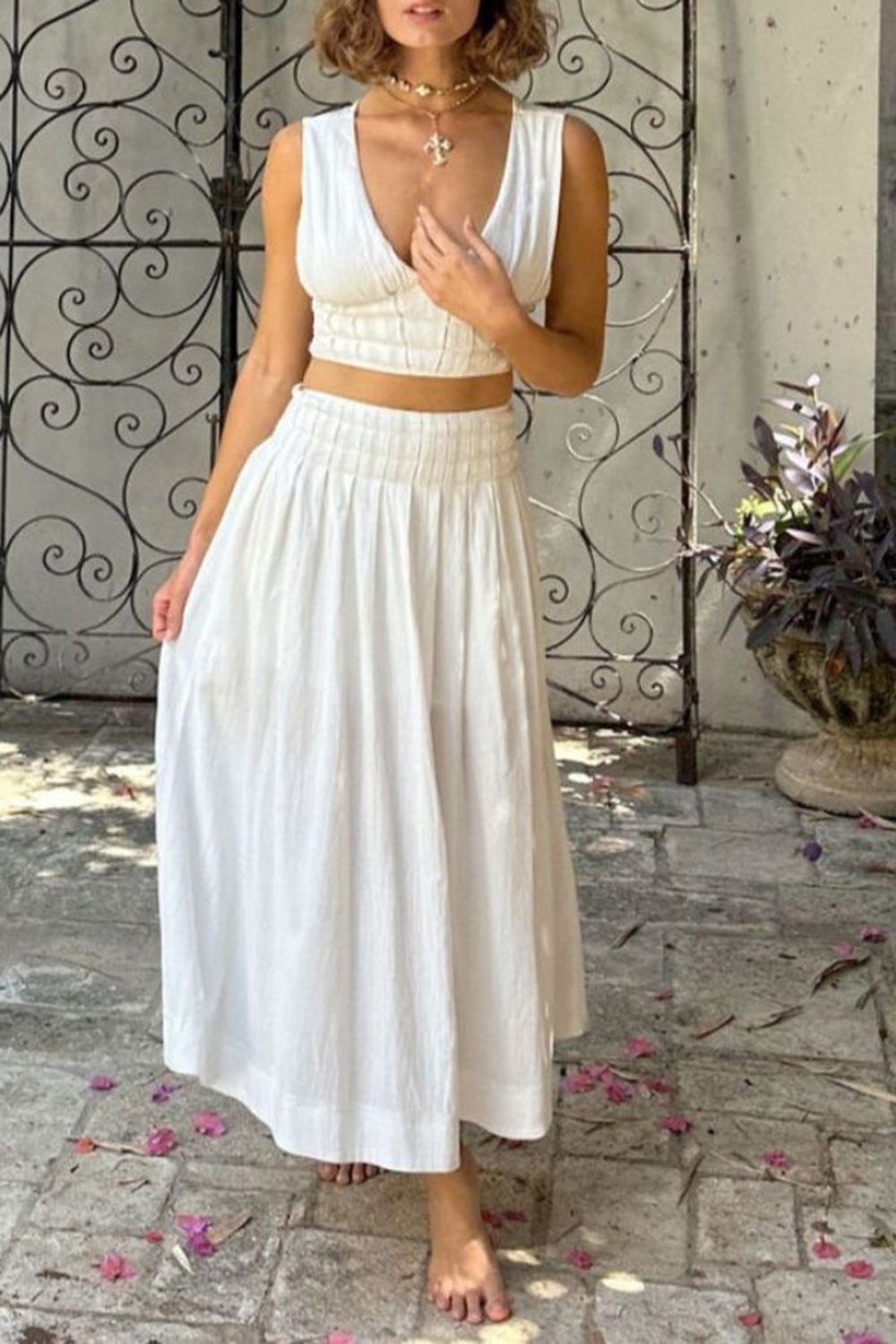 White Cotton And Linen Long Skirt