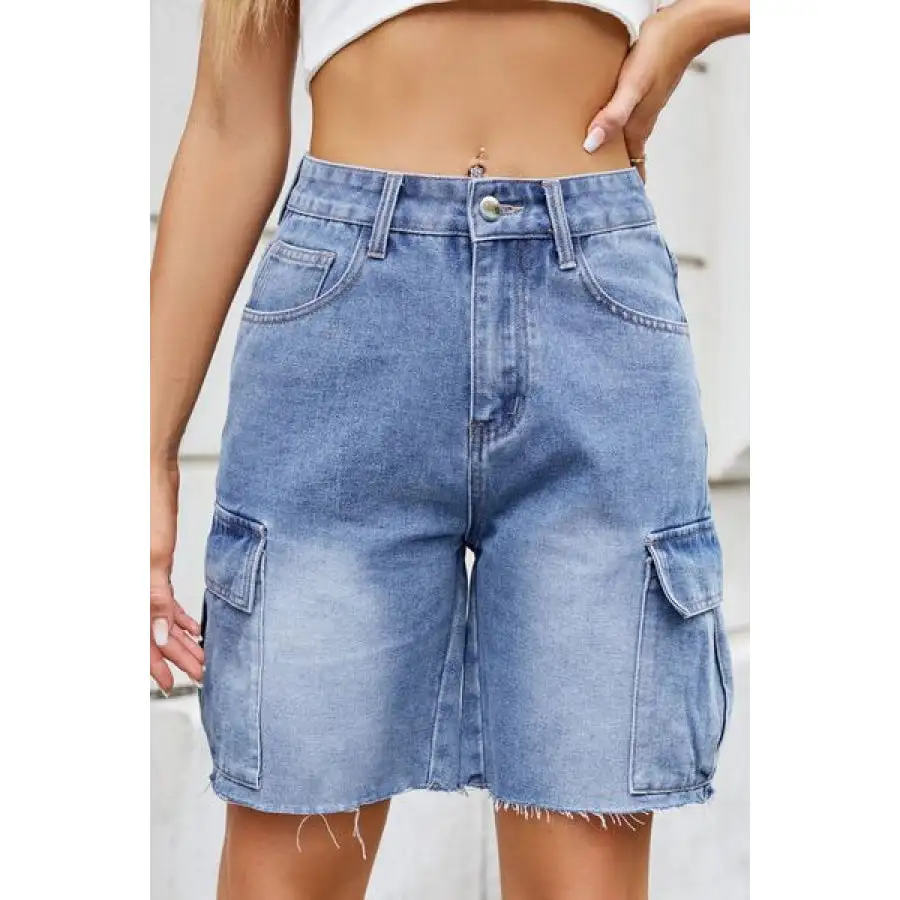 Raw Hem Washed Denim Shorts with Cargo Pockets