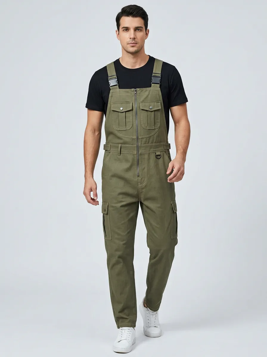 Men's Olive Green Cargo Utility Zip-Front Bib Overalls