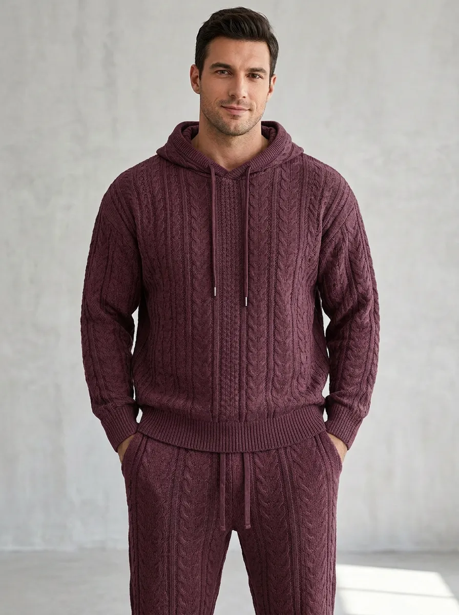 Refined Textured Men's Knit Hoodie Jogger Set