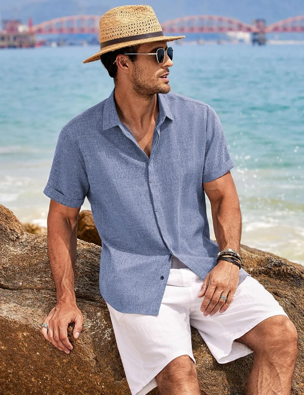 Men's Linen Shirts Short Sleeve Casual Shirts Button Down Shirt for Men Beach Summer Wedding Shirt