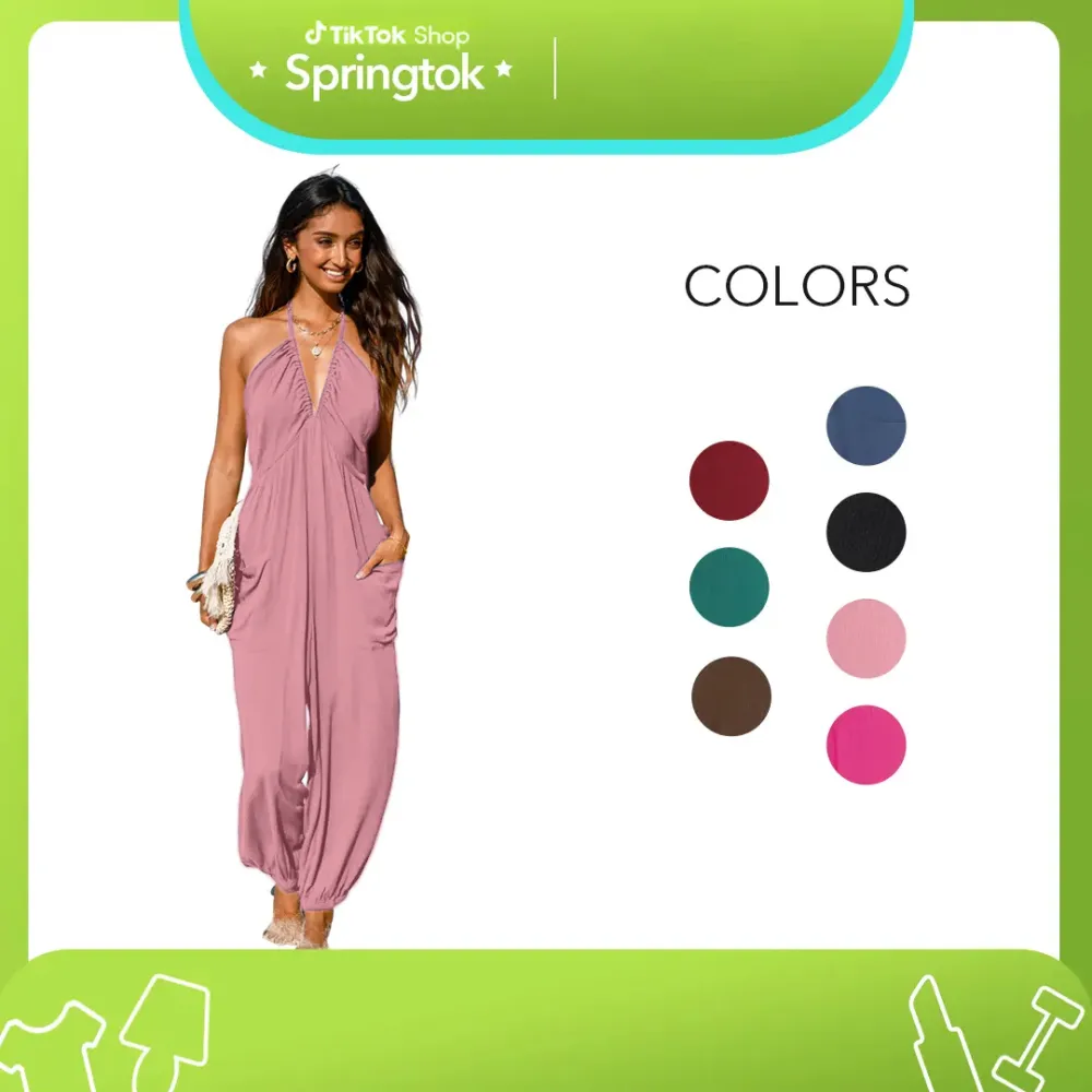 Women'S Basic Plunge Halter Sleeveless Pleated Long Romper Knit Jogger Maxi Jumpsuit With Pockets Spring Summer Womenswear Overalls