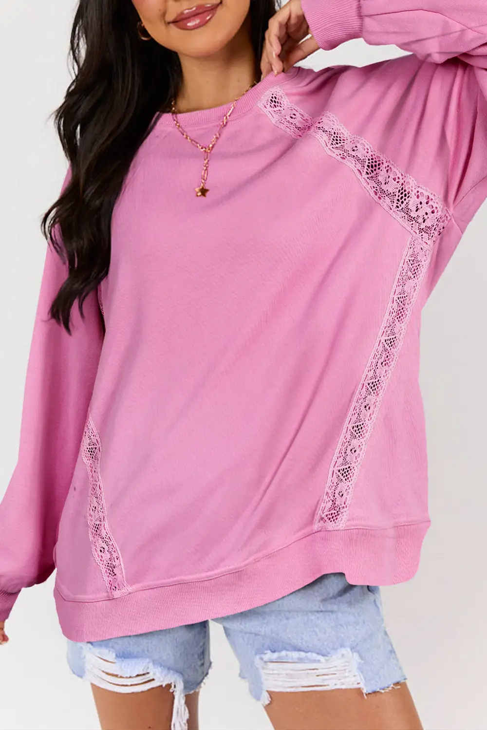 Relaxed Patchwork Lace Detail Raglan Sleeve Sweatshirt