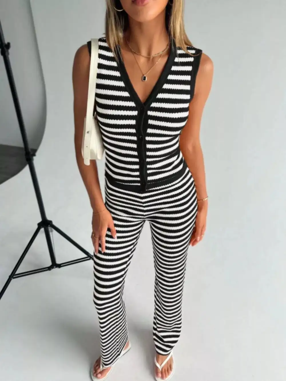 Striped Knit V Neck Button Up Sleeveless Top and Flare Pants Set
