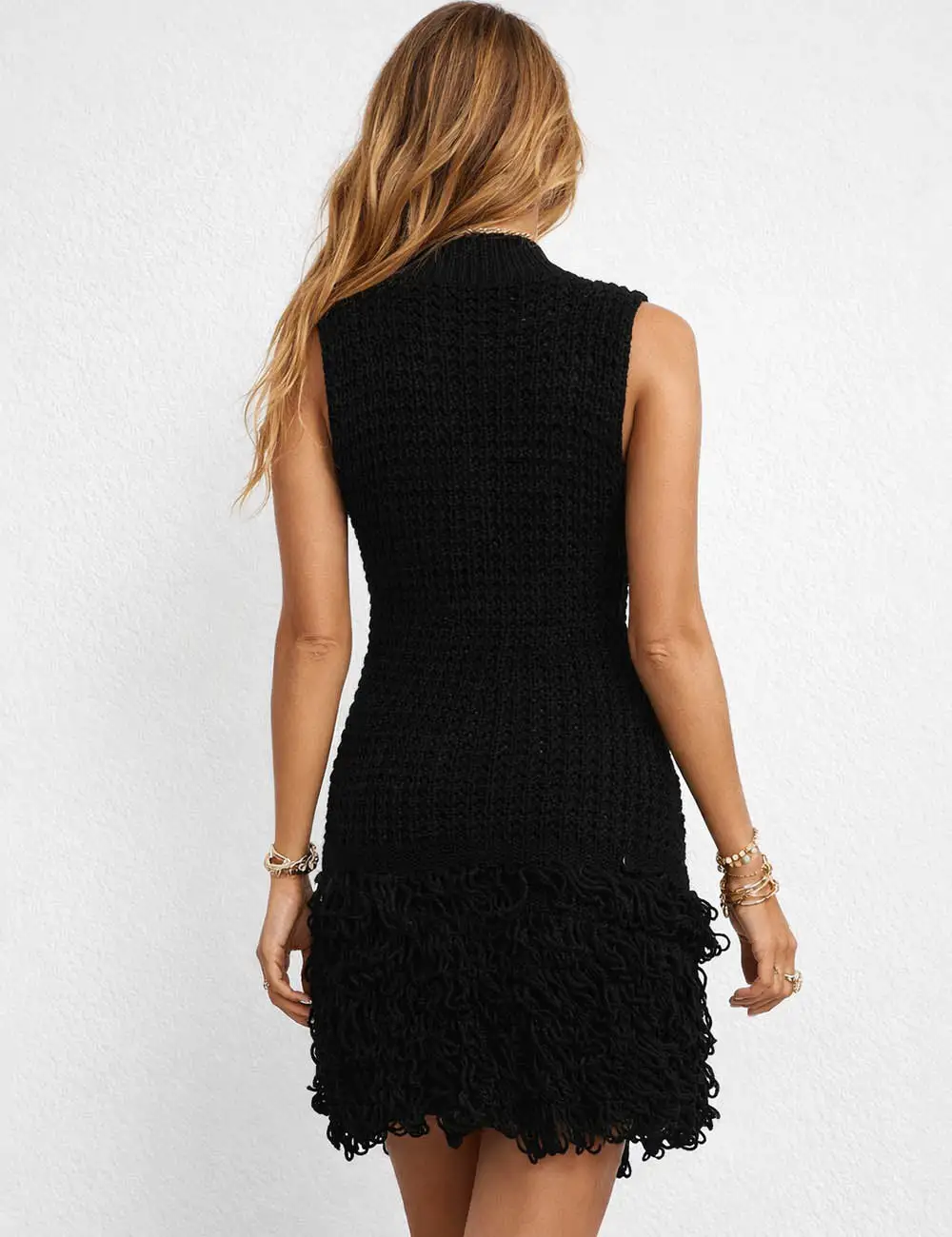 Crochet Knit Mock Neck Tassel Hem Bodycon Mini Dress