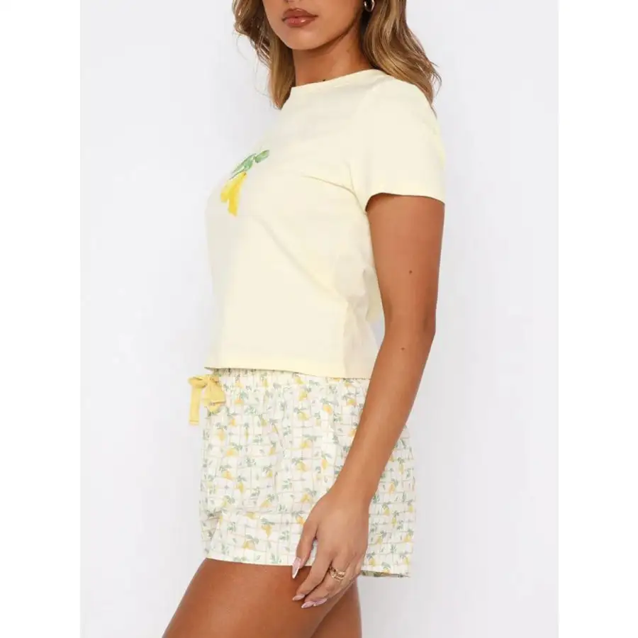 Printed Round Neck Short Sleeve Top and Drawstring Shorts Set