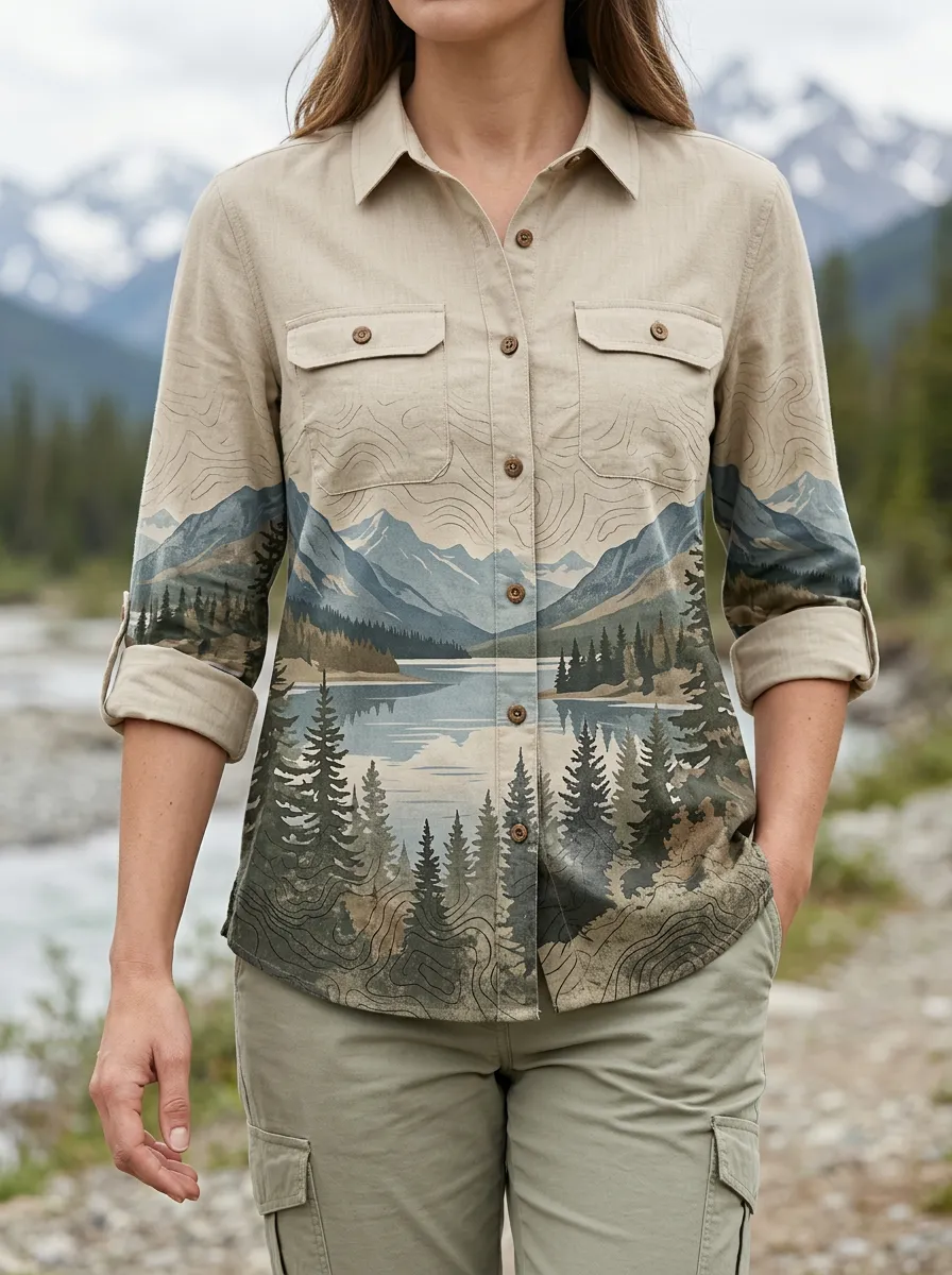 Women's Nature Lover Mountain Lake Forest Topographic Printed Shirt