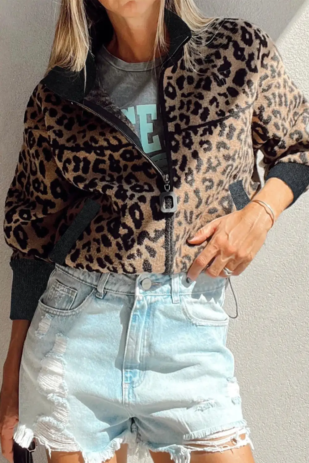 Leopard Print Zip-Up Stand Neck Side Pocket Jacket