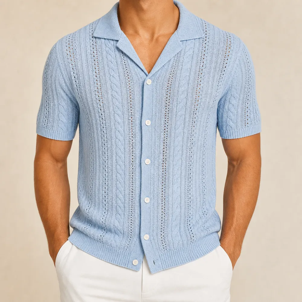 Men’s Open-Knit Short Sleeve Button-Up Shirt