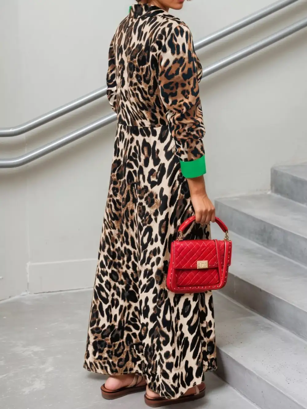 Long Sleeve Printed Colorblock Maxi Dress