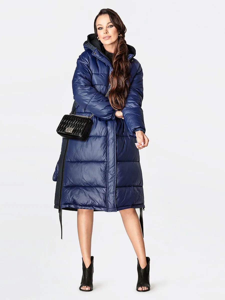 Dark blue women's long winter jacket with hood