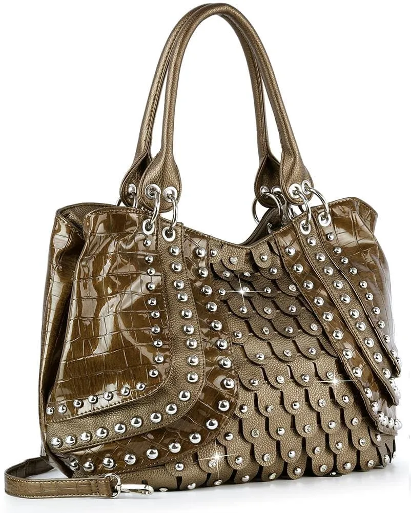 Studded Pocketed Animal Print Faux Leather Shoulder Bag