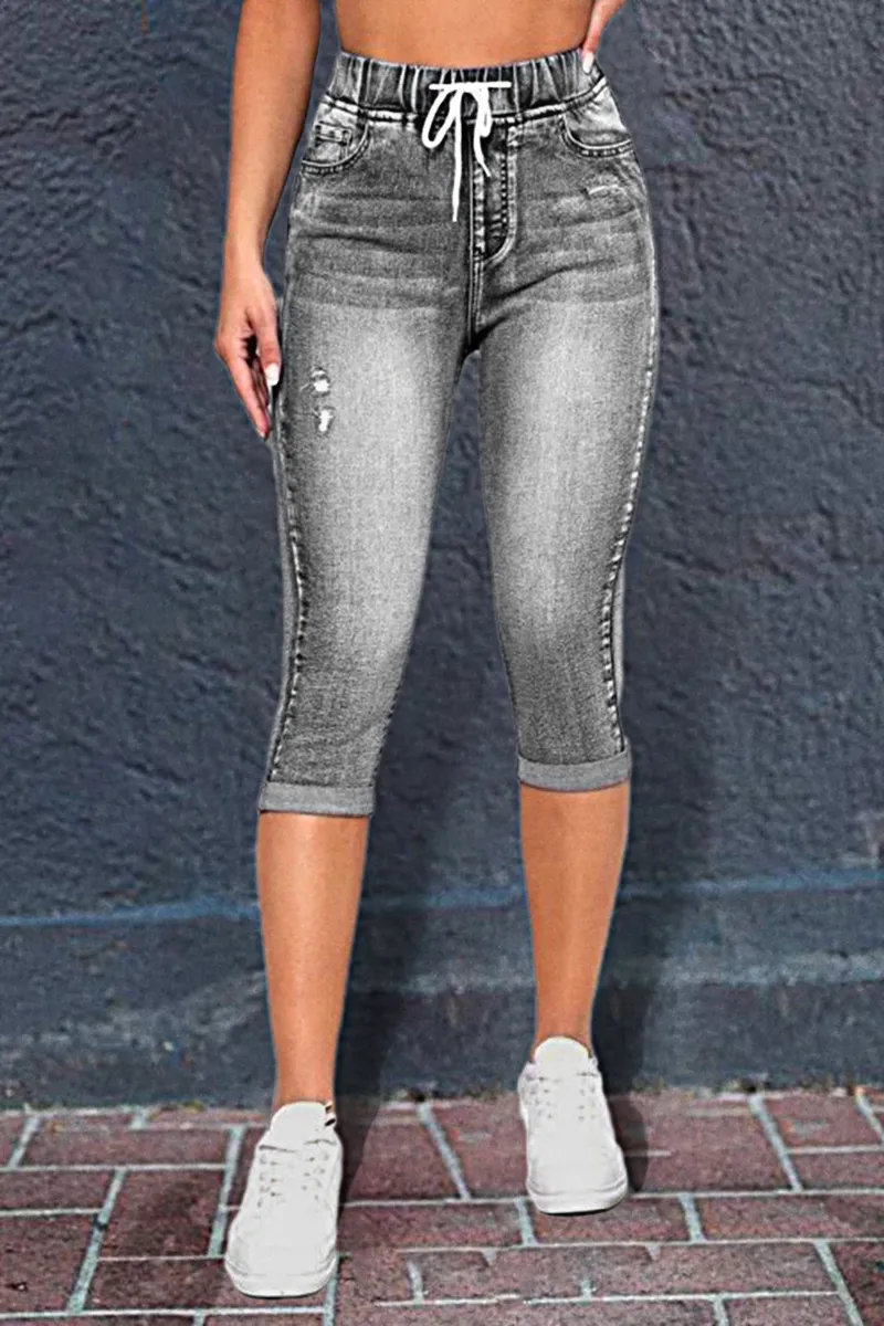 Ripped Drawstring Waist Capris Jeans