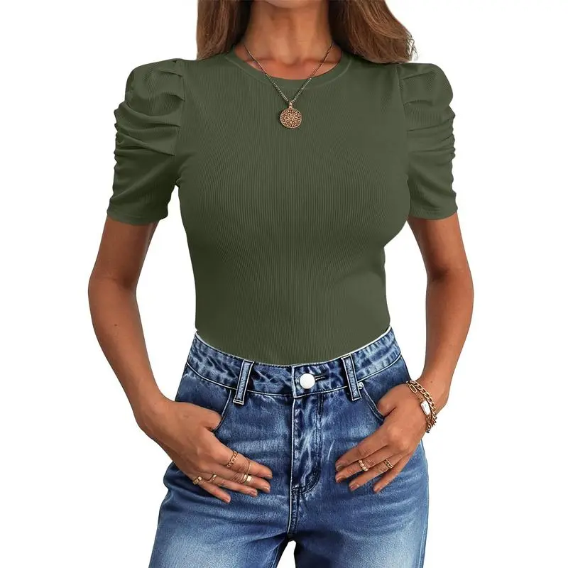 Women Puff Short Sleeve Crewneck Dressy Casual Tops