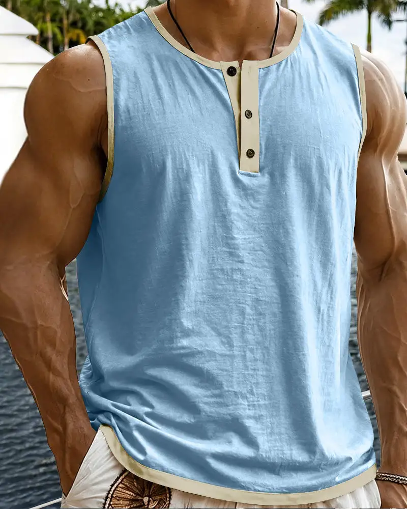 S Relaxed Contrast Trim Henley Sleeveless Tank Top