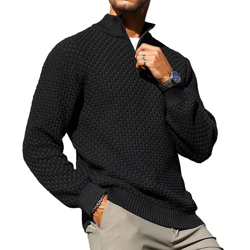 Men's Quarter-Zip Sweater Polo Zip Up Pullover Cable Knit Turtleneck Tops Long Sleeve