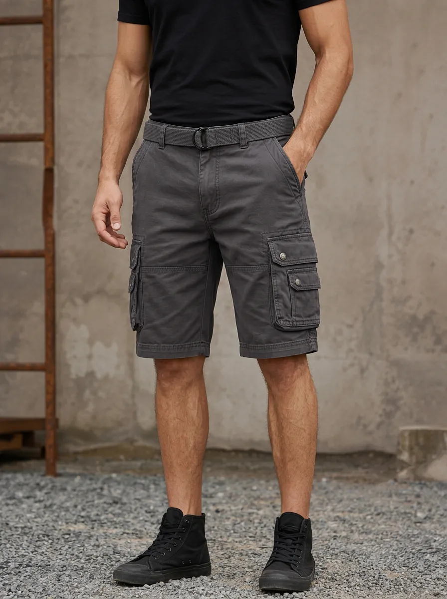 Men's Casual Grey Multi-Pocket Belted Cargo Shorts